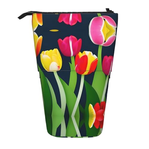 SDEGTHO Federmäppchen mit buntem Tulpenmuster, niedliches Stehstiftetui, Teleskop-Stiftetui, tragbarer Stifthalter, Schwarz , Einheitsgröße, modisch von SDEGTHO
