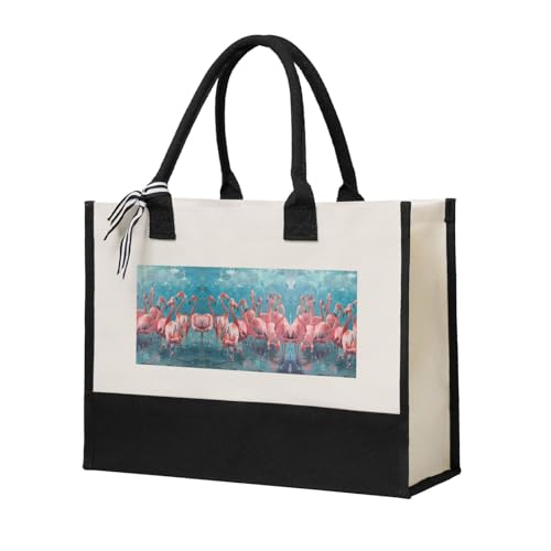 SDEGTHO Flamingos Halloween-Leinen-Tragetasche für Damen, Geschenktasche, wiederverwendbare Tragetasche für Einkäufe und Lebensmittel, Beige, One Size von SDEGTHO