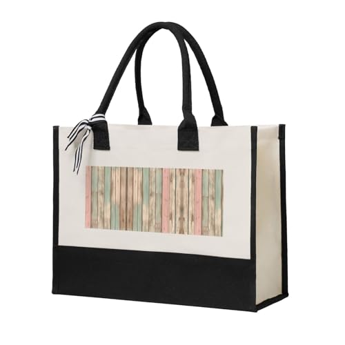 SDEGTHO Gestreifte karierte Halloween-Canvas-Tragetaschen für Damen, Leinen-Geschenktasche, wiederverwendbare Tragetasche für Einkäufe und Lebensmittel, Beige, One Size von SDEGTHO