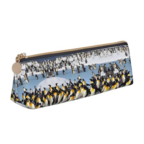 SDEGTHO Happy Penguin modisches dreieckiges Leder-Federmäppchen mit Reißverschluss und großer Speicherkapazität von SDEGTHO