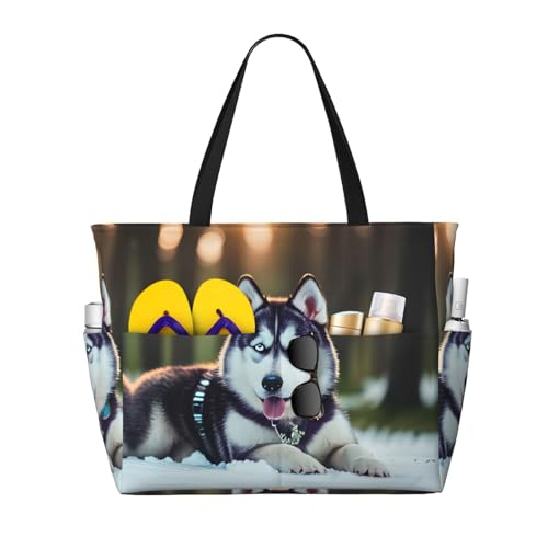 SDEGTHO Husky Dog Große Kapazität Faltbare Tragetasche Frauen Strand Tote Bag Handtasche Turnbeutel Reise Einkaufstasche, Schwarz, Einheitsgröße von SDEGTHO