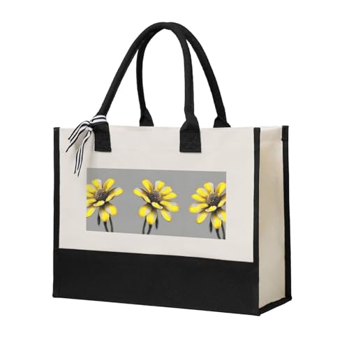 SDEGTHO Leinen-Geschenktasche für Damen, Motiv: gelbe graue Blumen, Halloween, Geschenktasche, wiederverwendbare Tragetasche für Einkäufe und Lebensmittel, Beige, One Size von SDEGTHO