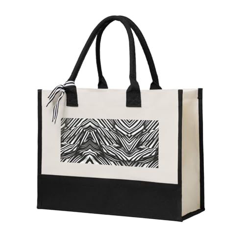 SDEGTHO Leinen-Geschenktasche für Damen, gestreift, schwarz-weiß, Halloween, Geschenktasche, wiederverwendbare Tragetasche für Einkäufe und Lebensmittel, Beige, One Size von SDEGTHO
