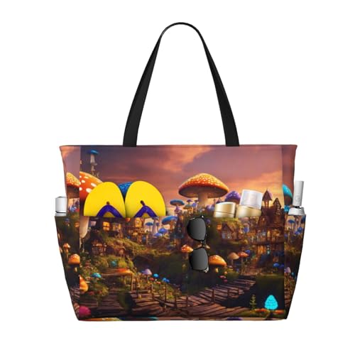 SDEGTHO Magic Mushroom Große Kapazität Faltbare Tragetasche Frauen Strand Tote Bag Handtasche Turnbeutel Reise Einkaufstasche, Schwarz, Einheitsgröße von SDEGTHO