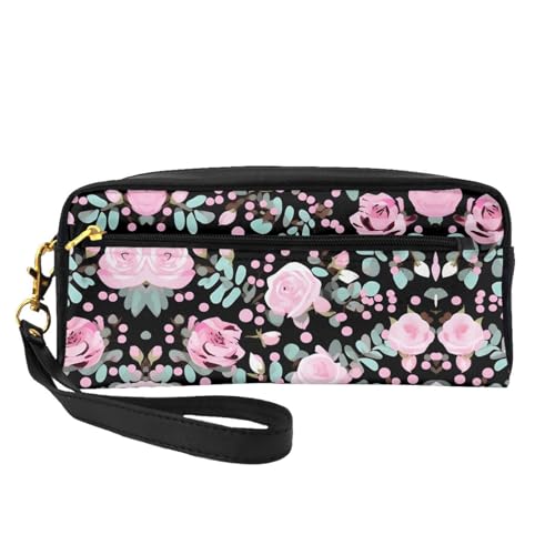 SDEGTHO Make-up-Tasche für Damen, Motiv: niedliche Rose, Leopardenmuster, Reise-Make-up-Tasche für Geldbörse, tragbare Kulturbeutel, Zubehör-Organizer, Schwarz , Einheitsgröße von SDEGTHO
