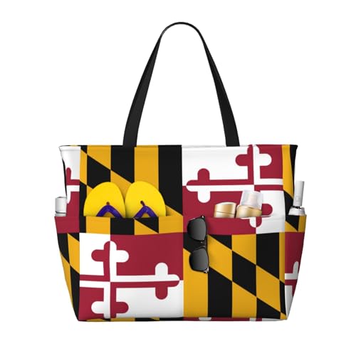 SDEGTHO Maryland State Flag Große Kapazität Faltbare Tragetasche Frauen Strand Tote Bag Handtasche Turnbeutel Reise Einkaufstasche, Schwarz, Einheitsgröße von SDEGTHO