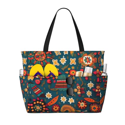 SDEGTHO Mexican Folk Boho Große Kapazität Faltbare Tragetasche Frauen Strand Tote Bag Handtasche Turnbeutel Reise Einkaufstasche, Schwarz, Einheitsgröße von SDEGTHO