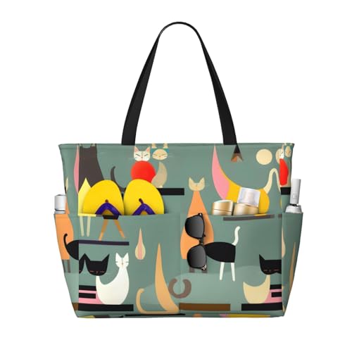 SDEGTHO Mid-Century Moderne Kunst Katzen Große Kapazität Faltbare Tragetasche Frauen Strand Tote Bag Handtasche Gym Bag Reise Einkaufstasche, Schwarz, Einheitsgröße von SDEGTHO
