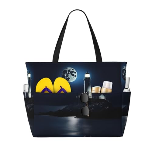 SDEGTHO Moonlight Leuchtturm große Kapazität faltbare Tragetasche Frauen Strand Tote Bag Handtasche Turnbeutel Reise Einkaufstasche, Schwarz, Einheitsgröße von SDEGTHO