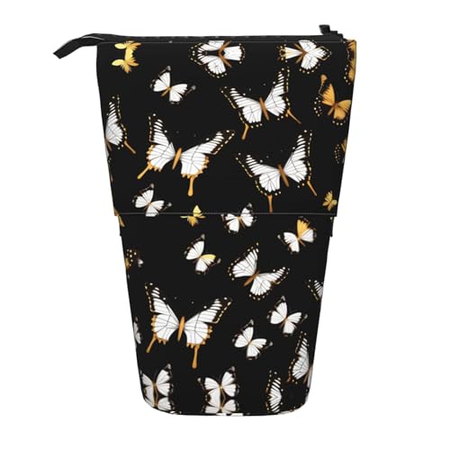 SDEGTHO Niedliches Teleskop-Federmäppchen, goldfarbene weiße Schmetterlinge, schwarz, Schüler-Stifthalter, Schreibwaren-Aufbewahrung für Schule, College, Schwarz , Einheitsgröße, Taschen-Organizer von SDEGTHO