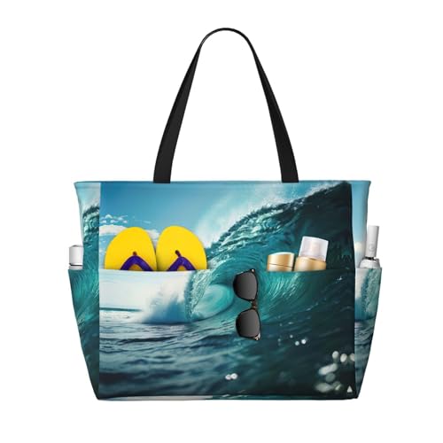 SDEGTHO Ocean Green Wave Surf Große Kapazität Faltbare Tragetasche Frauen Strand Tote Bag Handtasche Turnbeutel Reise Einkaufstasche, Schwarz, Einheitsgröße von SDEGTHO