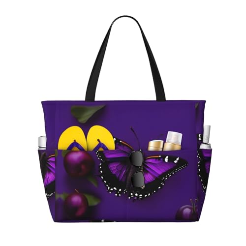 SDEGTHO One Lila Pflaume Schmetterling Große Kapazität Faltbare Tragetasche Frauen Strand Tote Bag Handtasche Turnbeutel Reise Einkaufstasche, Schwarz, Einheitsgröße von SDEGTHO