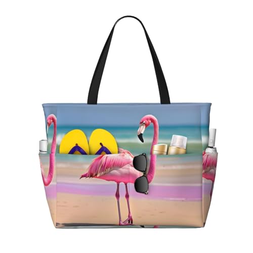SDEGTHO One Pink Flamingo On Beach Große Kapazität Faltbare Tragetasche Frauen Strand Tote Bag Handtasche Gym Bag Reise Einkaufstasche, Schwarz, Einheitsgröße von SDEGTHO