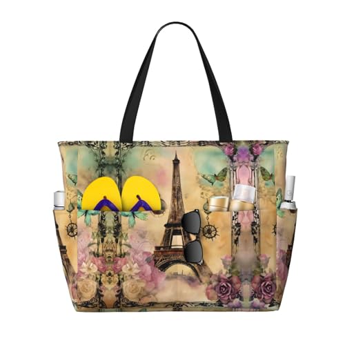SDEGTHO Paris Eiffelturm große Kapazität faltbare Tragetasche Frauen Strand Tote Bag Handtasche Turnbeutel Reise Einkaufstasche, Schwarz, One Size von SDEGTHO