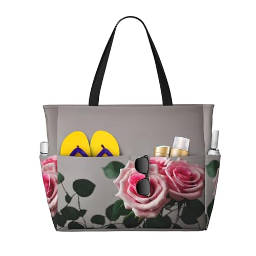 SDEGTHO Pink Rose Große Kapazität Faltbare Tragetasche Frauen Strand Tote Bag Handtasche Turnbeutel Reise Einkaufstasche, Schwarz, Einheitsgröße von SDEGTHO