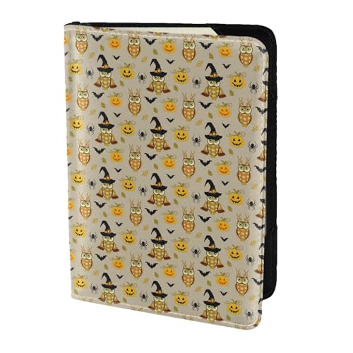 SDEGTHO Reisepasshülle mit Halloween-Kürbis- und Eulen-Druck, Geldbörse, Rindsleder, Kartenetui, Reisezubehör, für Damen und Herren, Schwarz , Einheitsgröße von SDEGTHO