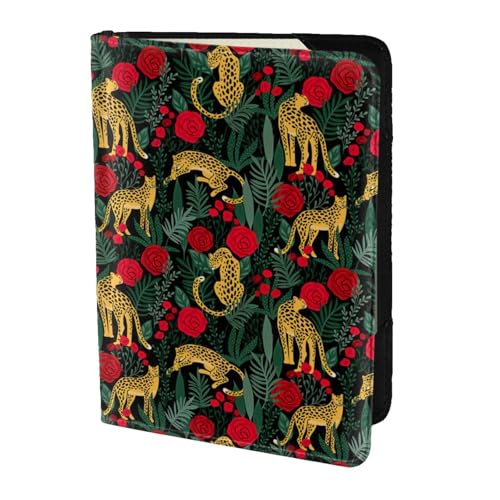 SDEGTHO Reisepasshülle mit Leoparden- und Rosen-Druck, Brieftasche, Rindsleder, Kartenetui, Reisezubehör, für Damen und Herren, Schwarz , Einheitsgröße von SDEGTHO