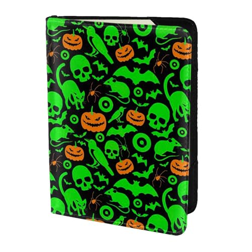 SDEGTHO Reisepasshülle mit grünem Geist, Horror, Halloween, Kürbis, bedruckt, Brieftasche, Rindsleder, Kartenetui, Reisezubehör, für Damen und Herren, Schwarz , Einheitsgröße von SDEGTHO