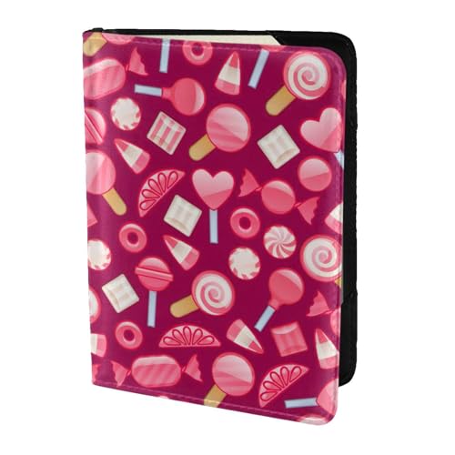 SDEGTHO Reisepasshülle mit rosa Süßigkeiten-Aufdruck, Brieftasche, Rindsleder, Kartenetui, Reisezubehör, für Damen und Herren, Schwarz , Einheitsgröße von SDEGTHO