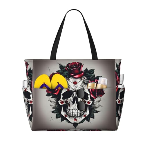 SDEGTHO Rote Rose Totenkopf große Kapazität faltbare Tragetasche Frauen Strand Tote Bag Handtasche Turnbeutel Reise Einkaufstasche, Schwarz, Einheitsgröße von SDEGTHO