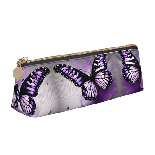 SDEGTHO Schönes Federmäppchen aus Leder mit Reißverschluss und großem Stauraum, Violett mit Schmetterlingskunst von SDEGTHO