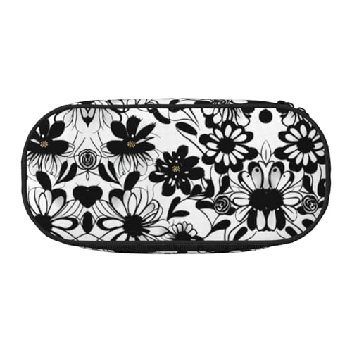 SDEGTHO Schwarze und weiße Blumen große Kapazität Federmäppchen, Multifunktions Bleistiftbeutel, tragbare Stifttasche, Stifttasche für Büro, blacks, One size, Tasche Organizer von SDEGTHO