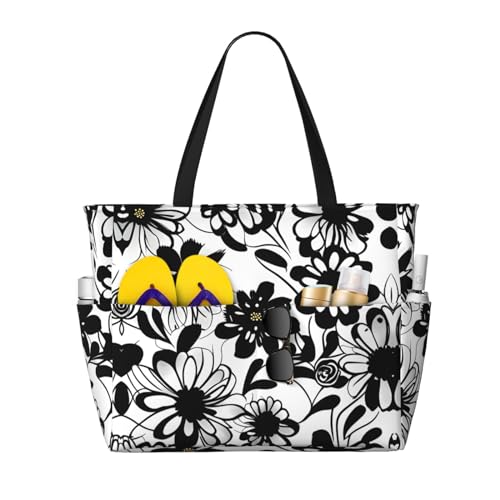 SDEGTHO Schwarze und weiße Blumen große Kapazität faltbare Tragetasche Frauen Strand Tote Bag Handtasche Turnbeutel Reise Einkaufstasche, Schwarz, Einheitsgröße von SDEGTHO
