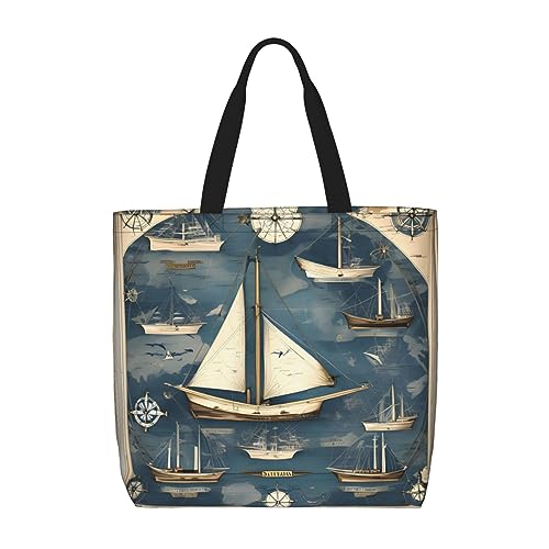 SDEGTHO Segelboot-Karten-Polyester-Tragetasche für jedermann mit Innentaschen, Laptop-Tasche mit Reißverschluss für Arbeit und Reisen., Schwarz, One Size von SDEGTHO