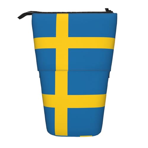 SDEGTHO Stehendes Federmäppchen mit schwedischer Flagge, niedliches Stand-up-Bleistiftetui, Teleskop-Stiftetui, tragbarer Stifthalter von SDEGTHO