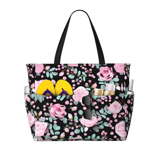 SDEGTHO Süße rosa Rose Mix Leopard große Kapazität faltbare Tragetasche Frauen Strand Tote Bag Handtasche Turnbeutel Reise Einkaufstasche, Schwarz, Einheitsgröße von SDEGTHO