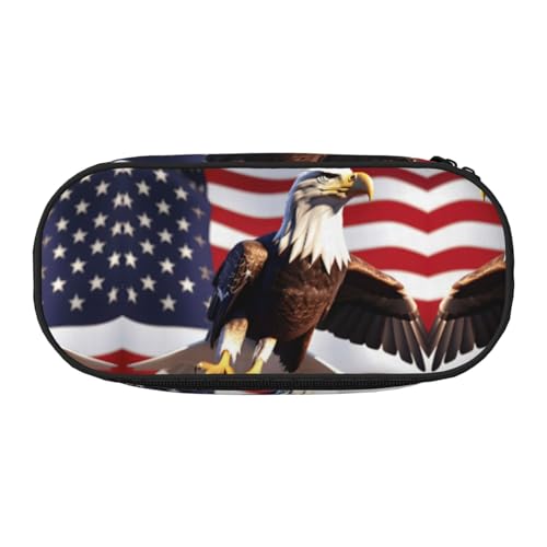SDEGTHO Weißkopfseeadler mit amerikanischer Flagge, großes Fassungsvermögen, Mehrzweck-Federmäppchen, tragbares Federmäppchen, Stifteetui für Büro, Schwarz , Einheitsgröße, Taschen-Organizer von SDEGTHO
