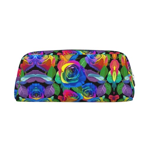 Stifteetui für Schüler mit mehrfarbigen Rosen, Leder, Reißverschluss, für Füllfederhalter, silber, Einheitsgröße, Kosmetiktasche von SDEGTHO