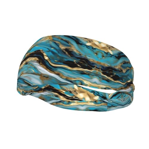 Türkis-Blau-Gold-Marmor-Stirnband, Haar-Schweiß-Stirnband, Kopfwickel, rutschfest, dehnbar, waschbar, Make-up-Stirnband von SDEGTHO