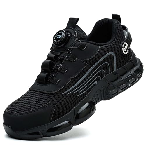 SDEQA Arbeitsschuhe Herren Sicherheitsschuhe Drehknopf Leicht Stahlkappen Schutzschuhe Komfort Atmungsaktive Anti-Smashing Mode Arbeitsschutzschuhe,Schwarz,37 EU von SDEQA