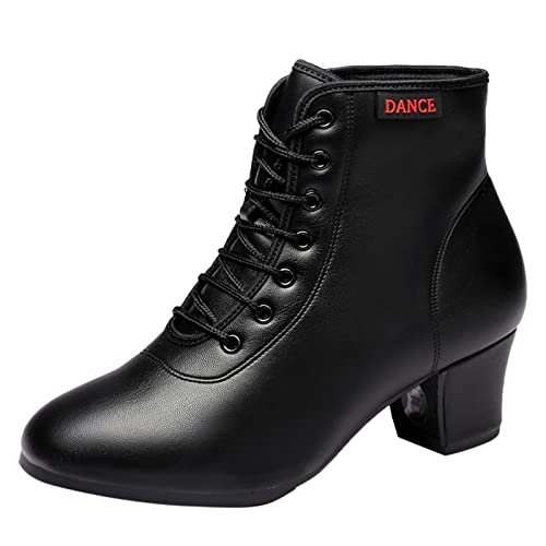 SDEQA Damenmode-Tanzstiefel Mit Mittlerem Absatz Leder Latin Modern Dance Schuhe Zum Schnüren Für Drinnen Und Draußen,Black a,37 EU von SDEQA