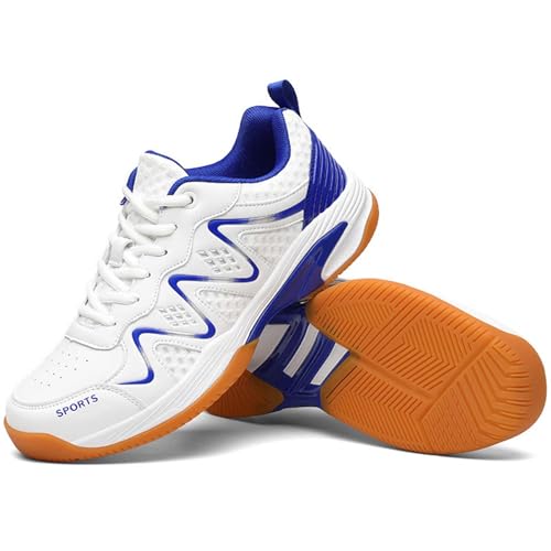 SDEQA Herren Badmintonschuhe Indoor Court Tennisschuhe Bequem Leicht rutschfest Racketball Volleyball Sneaker,White Blue,44 EU von SDEQA