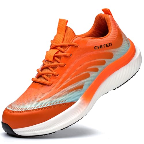 SDEQA Herren Sicherheitsschuhe Damen Leicht Sportschuhe rutschfest Schutzschuhe Atmungsaktiv Stahlkappenschuhe Arbeitsschuhe,Orange,46 EU von SDEQA
