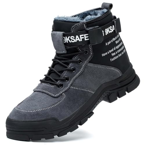 SDEQA Herren Sicherheitsstiefel, Winter Warm Gefüttert Arbeitsschuhe mit Stahlkappe Leicht rutschfeste Arbeitsstiefel,Grau,42 EU von SDEQA