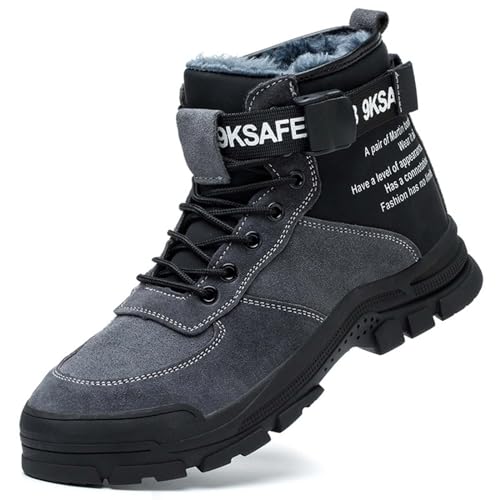 SDEQA Herren Sicherheitsstiefel, Winter Warm Gefüttert Arbeitsschuhe mit Stahlkappe Leicht rutschfeste Arbeitsstiefel,Grau,46 EU von SDEQA