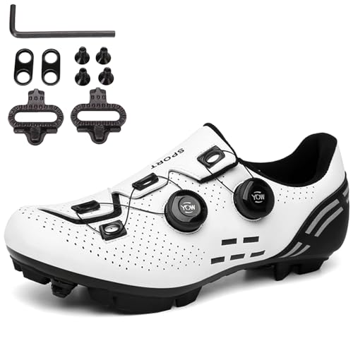 SDEQA MTB Fahrradschuhe Herren, Mountainbike Radsportschuhe Outdoor-Radschuhe Atmungsaktive kompatibel mit SPD 2 Schrauben mit Cleats Entsperren Schuhe,Weiß,42 EU von SDEQA