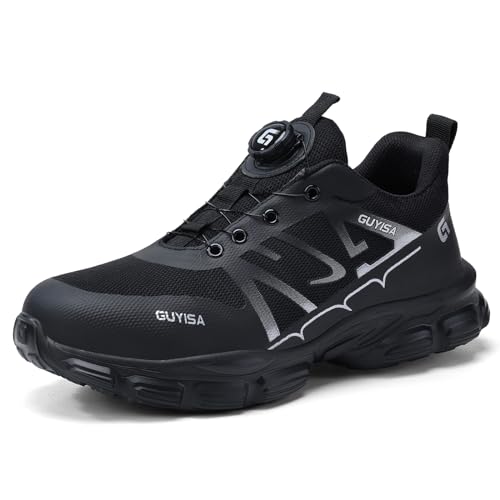 SDEQA Sicherheitsschuhe Herren Damen S3 Arbeitsschuhe Leicht Stahlkappenschuhe rutschfest Atmungsaktiv Sportlich Schuhe Drehbarer Knopf Leicht Kevlar Schutzschuhe,Black a,45 EU von SDEQA