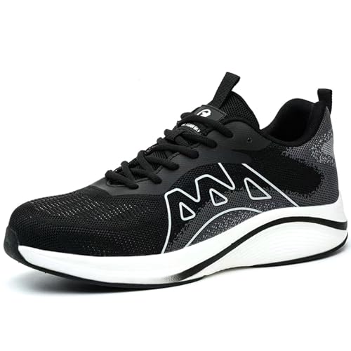 SDEQA Sicherheitsschuhe Herren Leicht Stahlkappenschuhe Sportlich rutschfeste Schutzschuhe Stahlkappe Arbeitsturnschuhe Sneaker,Schwarz,44 EU von SDEQA