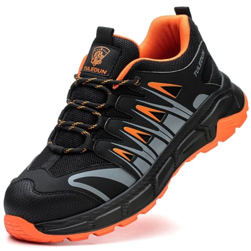 SDEQA Sicherheitsschuhe Herren mit Stahlkappe Arbeitsschuhe Leicht Stahlkappenschuhe Atmungsaktiv rutschfeste Safety Shoes,Black orange,37 EU von SDEQA