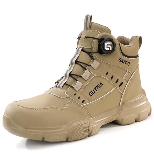 SDEQA Sicherheitsstiefel Herren Damen Sicherheitsschuhe Leicht Atmungsaktiv Stahlkappenschuhe mit Stahlkappe Sportlich Drehknopf Schutzschuhe,Khaki,45 EU von SDEQA