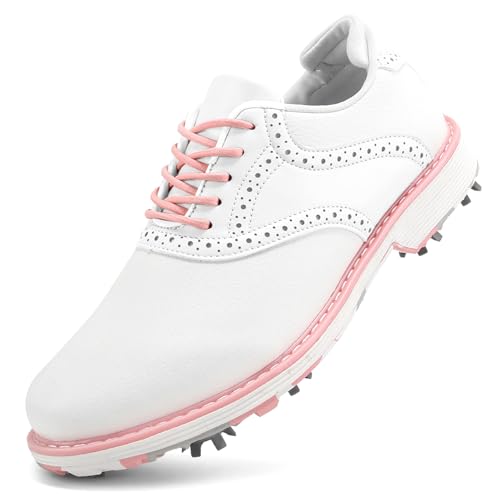 SDEQA wasserdichte Golfschuhe Damen mit 9 Spikes Leder Golf Sneakers für Golfer Größe Plus,A,43 EU von SDEQA