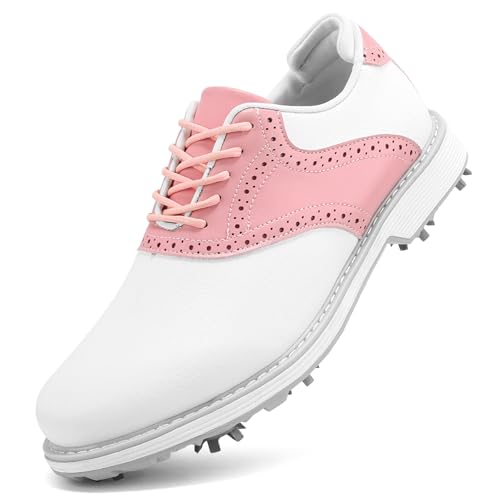 SDEQA wasserdichte Golfschuhe Damen mit 9 Spikes Leder Golf Sneakers für Golfer Größe Plus,D,39 EU von SDEQA