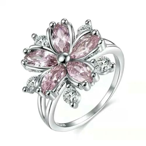 Niedlicher Damen-Rosenquarz-Stein-Ring, dünner Ehering, zarter Brautschmuck, Blume, Zirkon, Verlobungsring, 11, Metall, Zirkonia von SDEWFFWSA