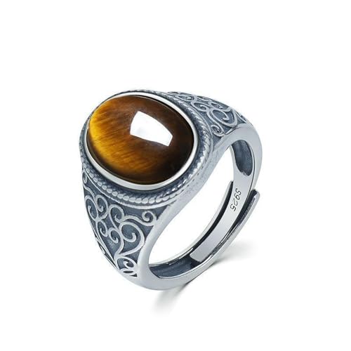 S925 Silber Tigerauge Stein Offener Herrenring Retro Natur Offener Ring Silber von SDEWFFWSA