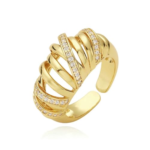 SDEWFFWSA 18 Karat vergoldeter Damen-Schmuckring mit Zirkonia-Steinen und Blumenmotiven in geometrischem Metallring, resizable von SDEWFFWSA