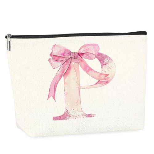 SDFBFVSA Make-up-Tasche mit Initialen-Motiv, personalisierte Geschenke für Frauen, Monogramm-Reise-Kulturbeutel, personalisierte adrette Kosmetiktasche, Rosa Schleife P, 9.5 * 7.5 Inches SDFBFVSA Make-up-Tasche mit Initialen-Motiv, personalisierte Geschenke für Frauen, Monogramm-Reise-Kulturbeutel, personalisierte adrette Kosmetiktasche, Rosa Schleife P, 9.5 * 7.5 Inches von SDFBFVSA